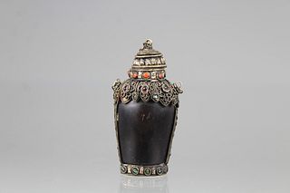 Antique Tibetan Snuff Bottle. Inlaid Coral