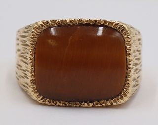 JEWELRY. Men's 14kt Gold and Tiger's Eye Ring.
