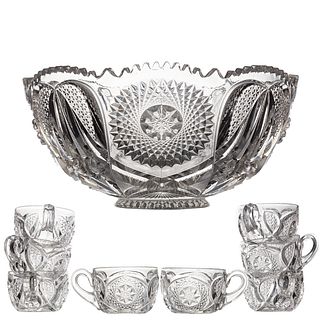 Large Pressed Glass Punch Bowl with Eight Cups