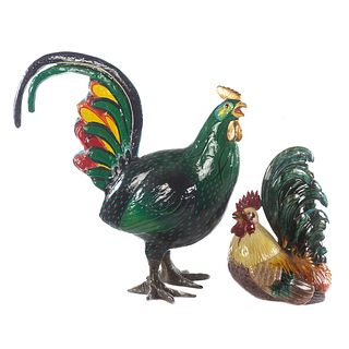 Majolica Rooster & Papier Mache Rooster