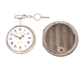 Reloj de bolsillo Fres Vaucher. Movimiento manual con llave. Caja circular  en plata de 59 mm. Carátula de porcelana.