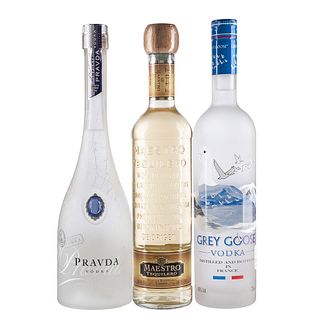 Vodka y Tequila. a) Pravda.  b) Grey Goose. c) Maestro tequilero. Total de piezas: 3.