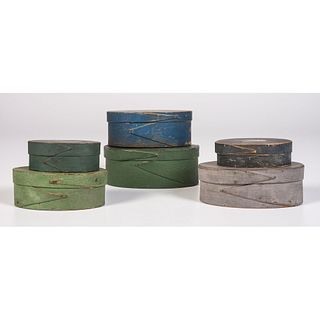 Six Painted Bentwood Pantry Boxes
