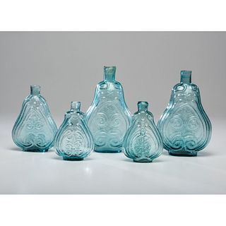 Five Aqua Glass Scroll Flasks