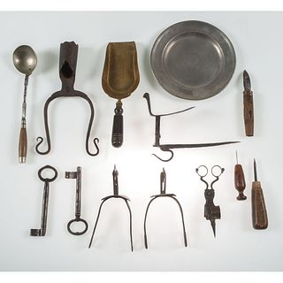 A Group of Metal Implements, Including Candle and Lighting Devices