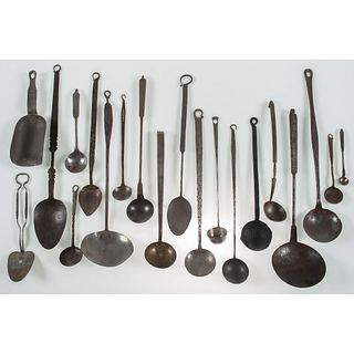 A Large Group of Iron Cooking and Hearth Utensils and a Wooden Box