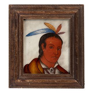 A Folk Art Reverse-Painted Glass Portrait of a Native American