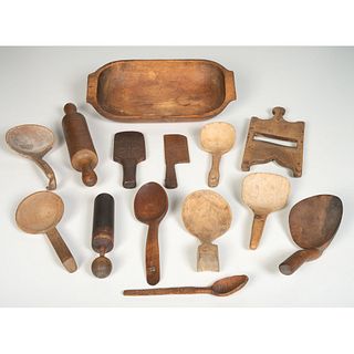 A Group of Figured Maple Wooden Utensils with a Handled Bowl