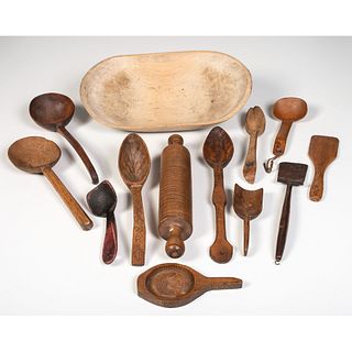 A Group of Wooden Utensils and a Painted Bowl