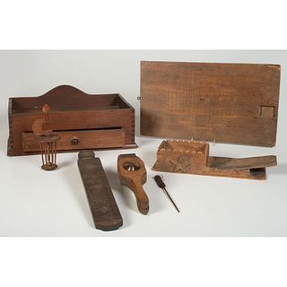 A Group of Wooden Kitchen and Sewing Tools 