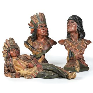 Three Cigar Store Native American Molded and Painted Chalkware Advertising Figures