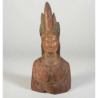 A Carved and Painted Wooden Cigar Store Indian Bust