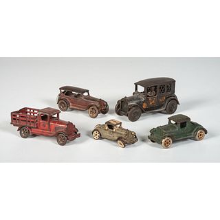 Five Cast Iron and Painted Toy Cars