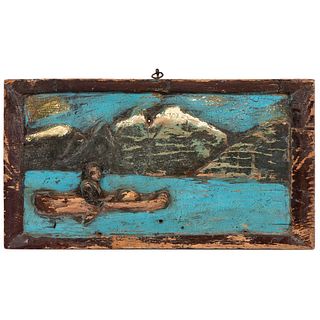 A Folk Art Hanging and Painted Wooden Carving