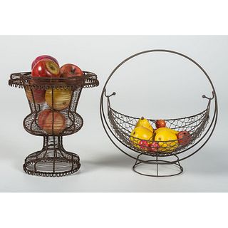 Two Metal Compotes with Assorted Stone, Wood and Glass Fruit
