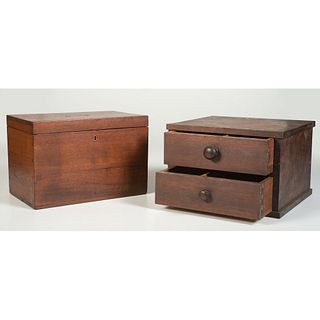 A Walnut Ballot Box and a Two-Drawer Table-Top Chest