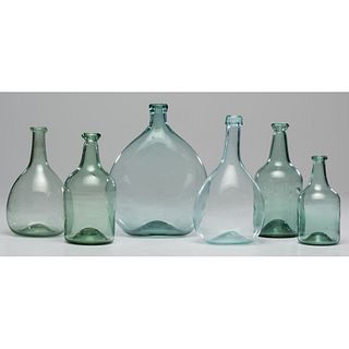 Six Midwestern Early Aqua Blown Glass Bottles