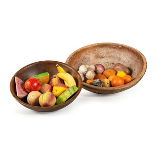 Two Wooden Bowls with Assorted Stone and Glass Fruit