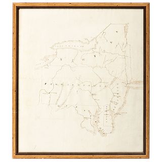 A Hand Drawn Map of Pennsylvania and New York, and a Pencil Drawing of Fort Niagara