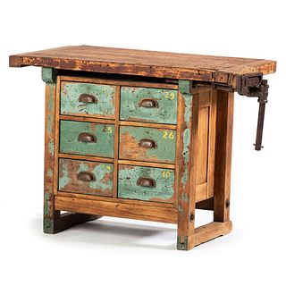 A Painted and Iron Mounted Carpenter's Bench on Chest 