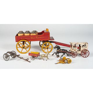 Three Toy Horse-Drawn Dairy Toy Carriages