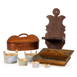 Two Wooden Utensil Trays, a Utensil Holder, and a Set of Wood Measures