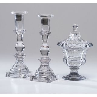 Early Glass Candlesticks and Footed Jar