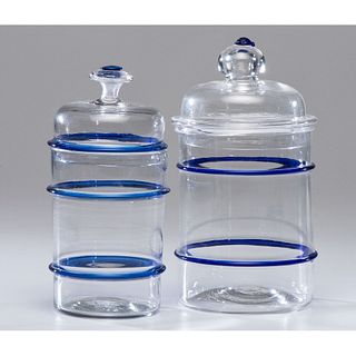 Two Blown Blue and Clear Glass Covered Storage Jars
