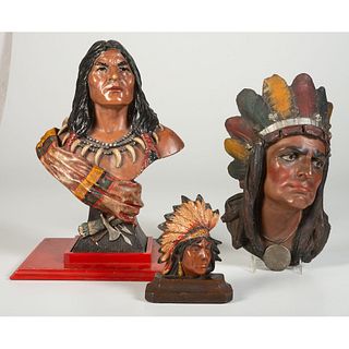 Three Painted Molded Plaster Cigar Store Indian Busts