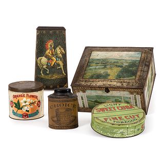 Five Tin Advertising Boxes and Caddies
