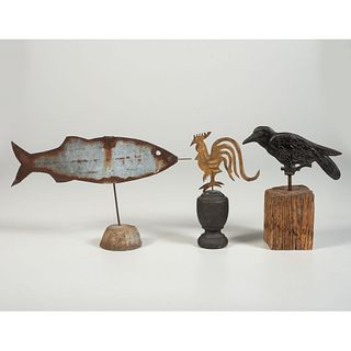 Three Iron and Sheet Metal Figures, Including a Crow, Rooster and Fish