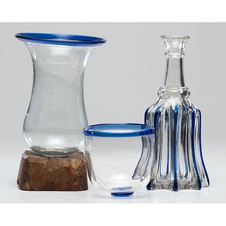 Three Clear and Cobalt Midwestern Blown Glass Wares