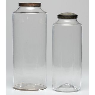Two Large Blown Glass Storage Jars with Tin Lids