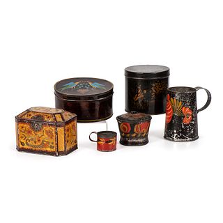 Six Paint-Decorated Toleware Boxes and Cups