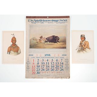 Two Indian Hand-Colored Lithographs and Mutual Life Insurance Co. Indian Themed Calendar
