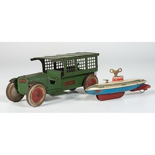 A Structo Tin Toy Mail Truck and a Wolverine Submarine Wind-Up Toy 