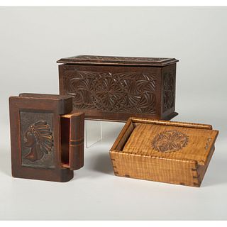 Two Chip-Carved Boxes and an Inlaid Book Box