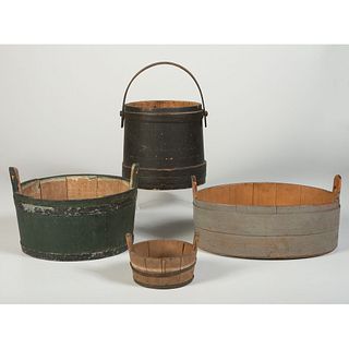 Four Wooden Painted Tubs and a Firkin