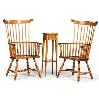 A Pair of Tiger Maple Comb-Back Windsor Armchairs and an Earlier Plant Stand
