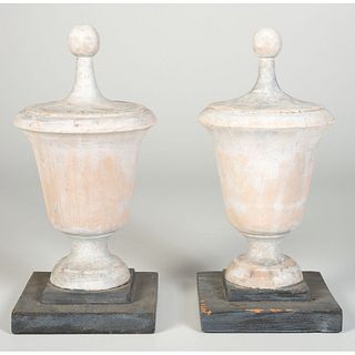 A Pair of Carved and Painted Wood Architectural Urn Finials