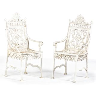 Two Gothic Revival White Painted Iron Armchairs