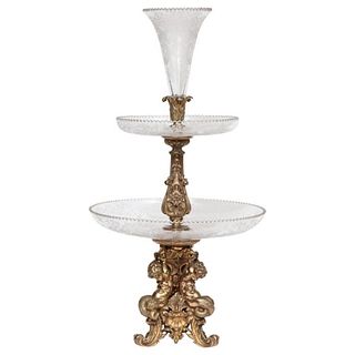 A Large French Silvered Bronze & Cut Crystal Allegorical Three-Tier Centerpiece