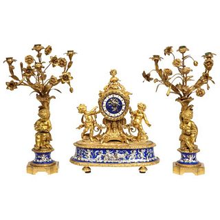 Exquisite French Ormolu Bronze and Blue Porcelain Mounted Three-Piece Clock Set