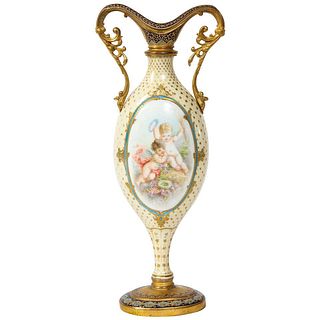 French Ormolu-Mounted White Sevres Porcelain & Champleve Enamel Vase