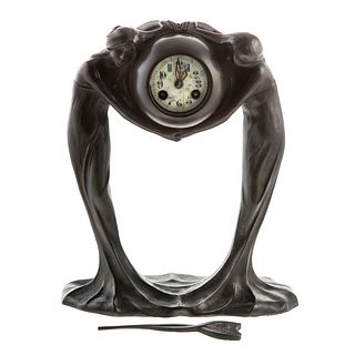 French Art Nouveau Bronze Figural Clock