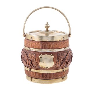 Victorian Silver Plate Mounted Oak Biscuit Jar
