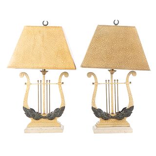 Pair Maitland Smith Lyre Base Lamps