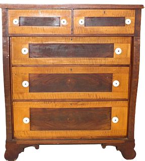 Antique Empire Tiger Maple Five Drawer Dresser