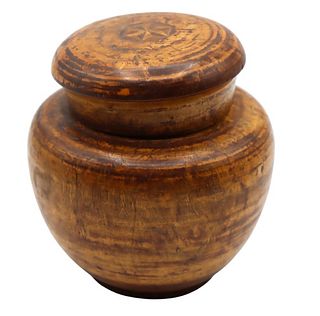 19th C Carved Wooden Jar & Lid