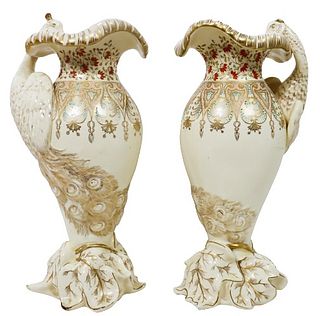 Pair of Budapest Porcelain Gilt Peacock Vases
